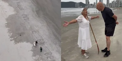 Idosa de 92 anos emociona ao evangelizar com frases na areia em praia de SC: \"Jesus te ama\"