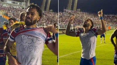 Jogador do Fortaleza comemora gol com mensagem cristã em camiseta: \"Jesus Cristo vive!\"