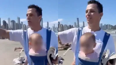 Vídeo de pregador evangelizando na praia com bebê no colo revolta banhistas