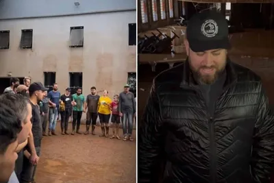Membros louvam a Deus em meio à igreja inundada no RS