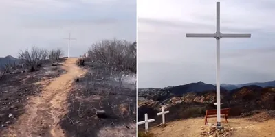 Cruz fica intacta após incêndios florestais queimarem tudo ao redor, em Malibu