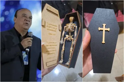 Após pregação "macabra", líder da Quadrangular entrega caixão com caveira a pastores