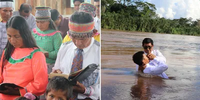 Missionários levam indígenas ao batismo na Amazônia peruana