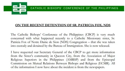 CBCP Statement on the recent detention of Sr Patricia Fox, NDS