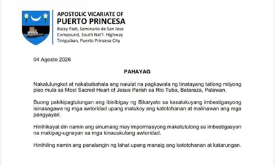 Apostolic Vicariate of Puerto Princesa, nababahala sa pagkawala ng pondo ng Most Sacred Heart of Jesus Parish - VeritasPH