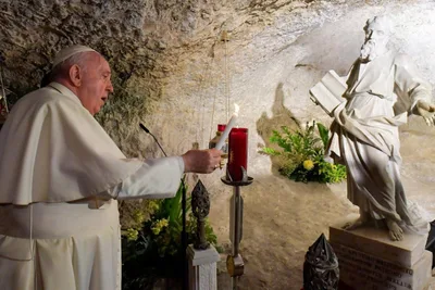 Pope Francis prays at St. Paul’s Grotto in Malta