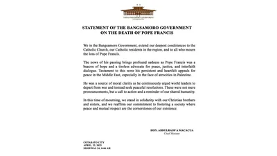 Adbokasiya ni Pope Francis sa kapayapaan at brotherhood, kinilala ng Bangsamoro government