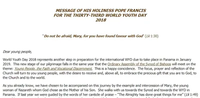Message of His Holiness Pope Francis for the 33rd World Youth Day 2018
