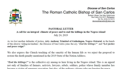 A call for an integral climate of peace and to end the killings in the Negros island
