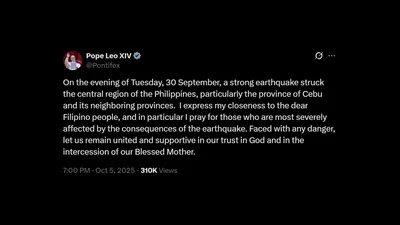 Santo Papa, nagpahayag ng pakikiisa sa mga naapektuhan ng lindol sa Cebu - VeritasPH
