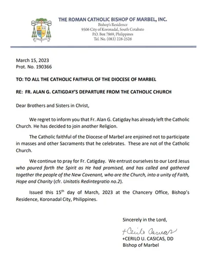 Marbel diocese informs public about priest who left Church