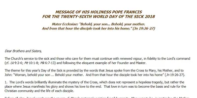 Message of Pope Francis for the 26th World Day of the Sick 2018