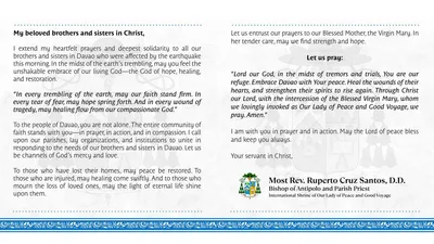 Bishop Santos, nagpaabot ng pakikiisa sa mga biktima ng lindol sa Davao region - VeritasPH