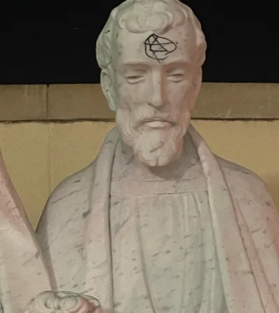 Satanic, vulgar markings deface Holy Family statutes, suspect shown on camera