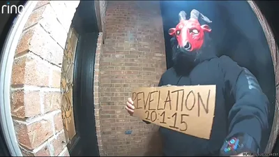 Satanic Prank or Prophetic Warning? Goat-Headed Stranger Caught on Ring Camera with Sign Quoting Revelation 20