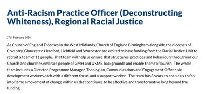 Archbishop of Canterbury Critical of 'deconstructing whiteness' Job Ad