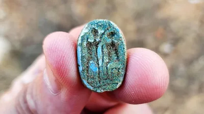 Israeli Middle School Students, Guide, Surprised by 3,000-Year-Old Discovery: a Scarab Designed as Dung Beetle