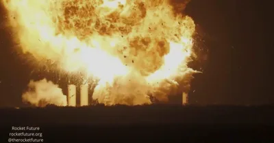 Starship ground test ends in white light, orange fireball
